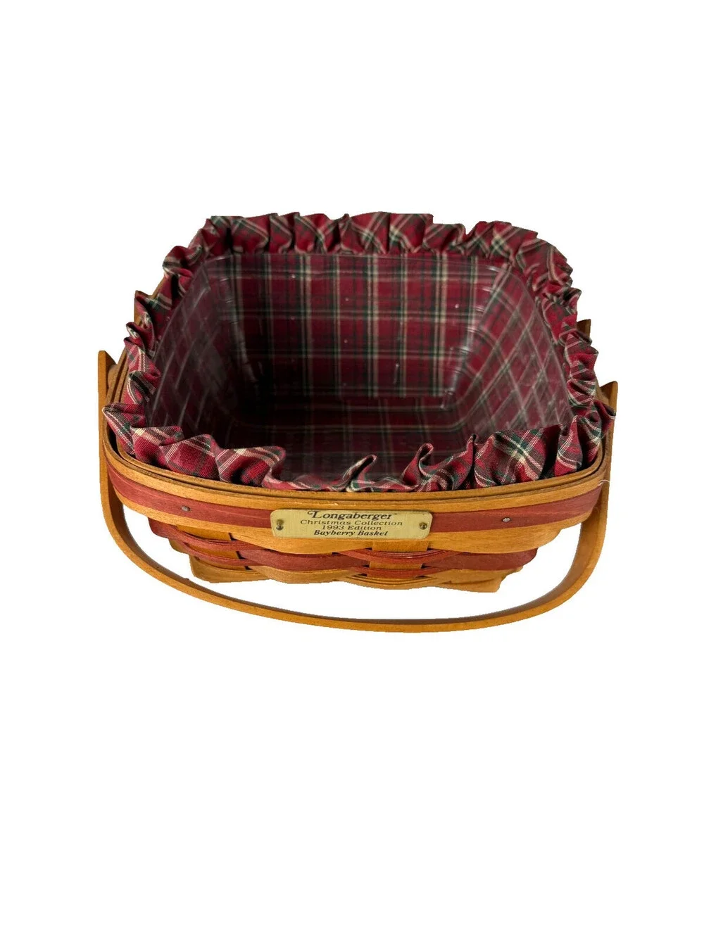 1993 Longaberger Bayberry Basket Christmas Red Trim w/Plaid Liner & Protector